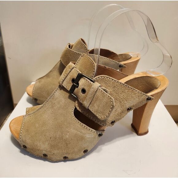 Vtg Mint '80s Original Candie's Tan Suede "Wood" Sole Mules Sz.9 Made in Italy - Picture 1 of 9